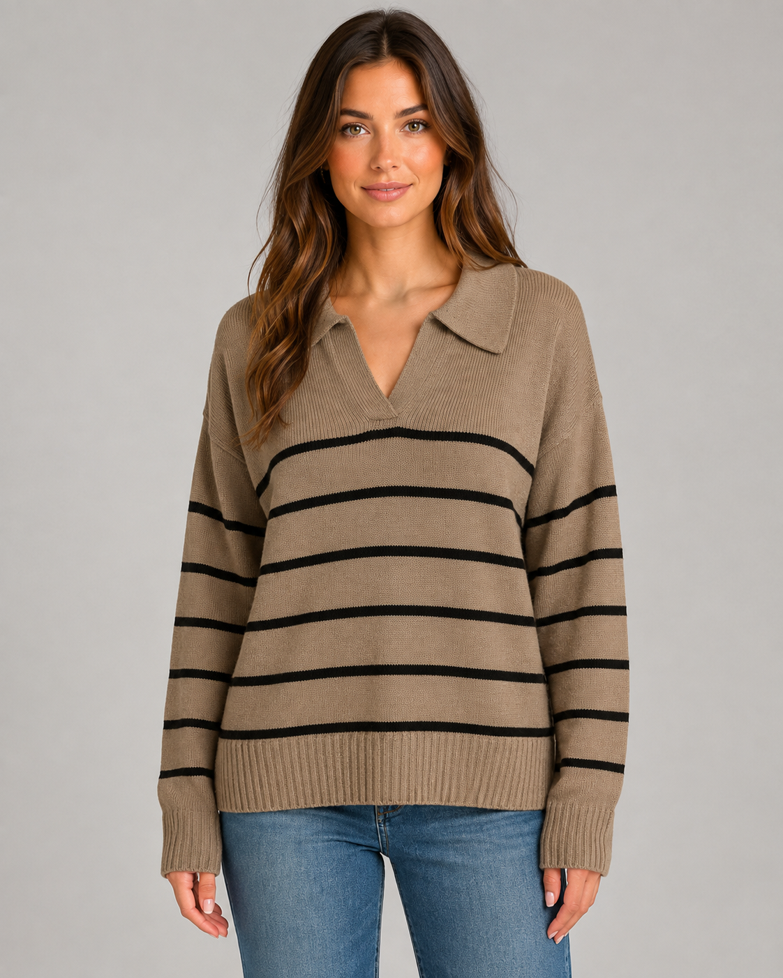 Striped Open Collar V-Neck Sweater