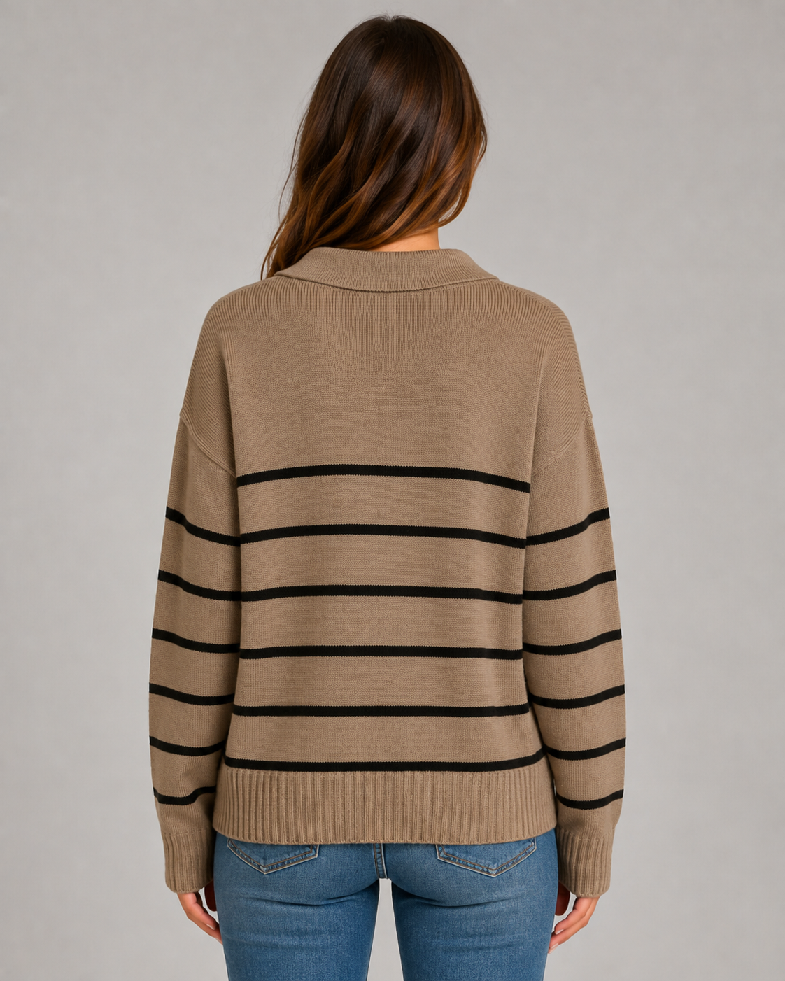 Striped Open Collar V-Neck Sweater