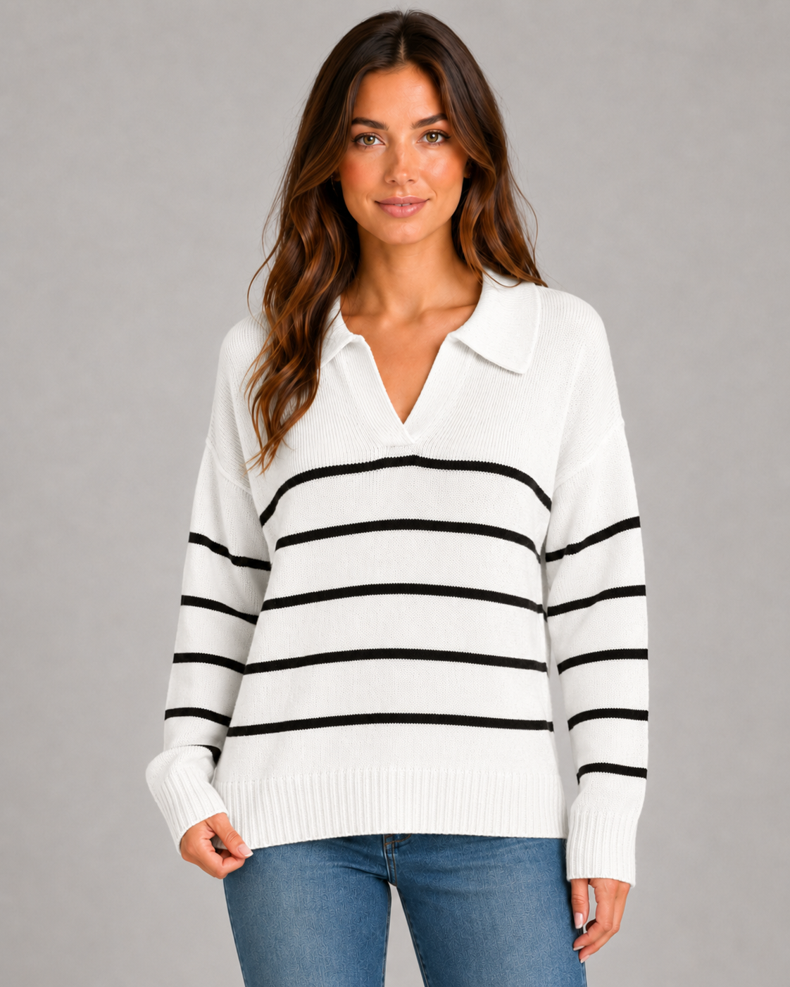 Striped Open Collar V-Neck Sweater