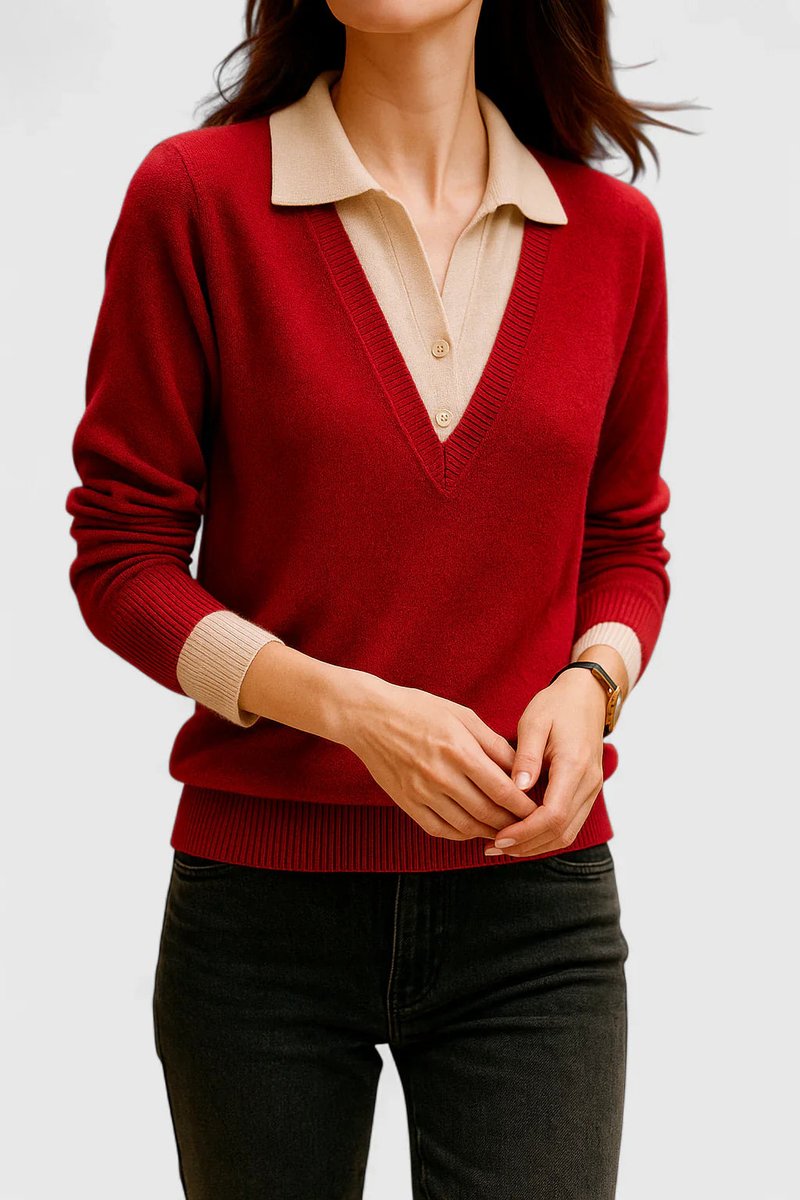 Polo Collar V-Neck Contrast Trim Long Sleeve Knit Sweater