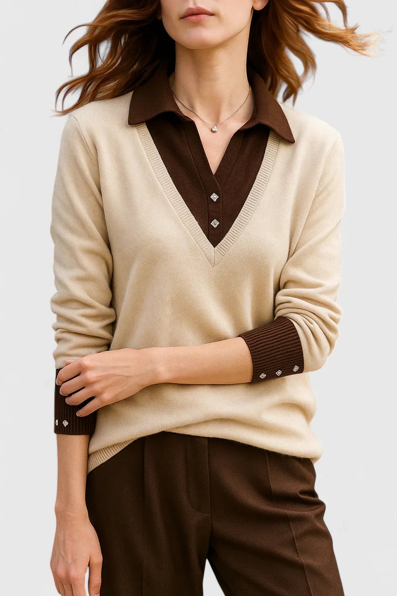 Polo Collar V-Neck Contrast Trim Long Sleeve Knit Sweater
