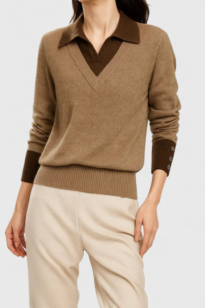 Polo Collar V-Neck Contrast Trim Long Sleeve Knit Sweater