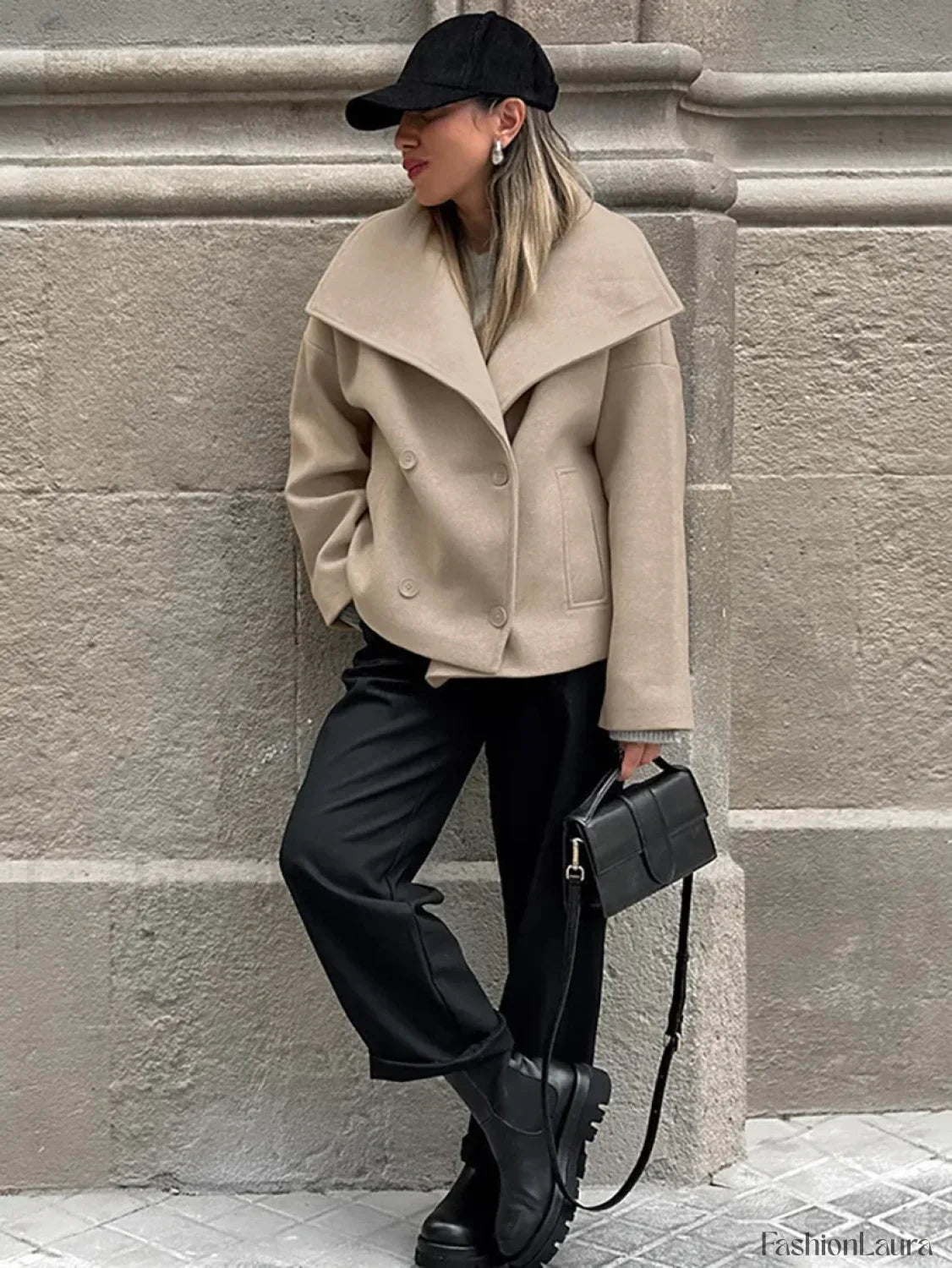 Women's Wide Lapel Faux-wool Blend Coat Overcoats