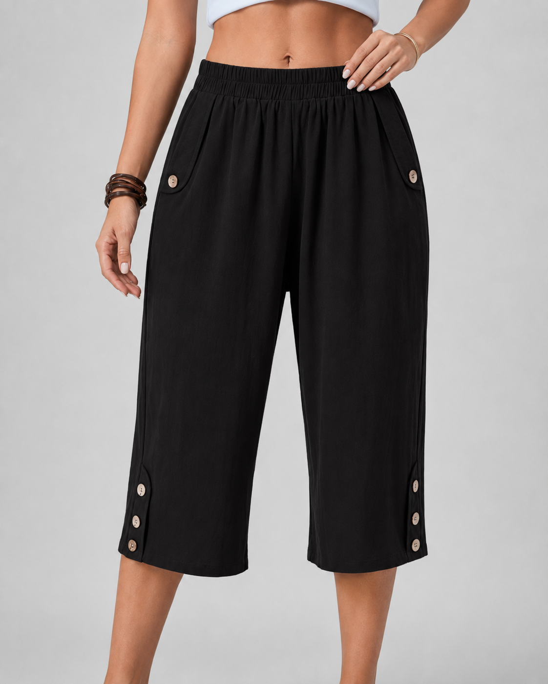Elastic Waist Button Hem Wide Leg Cropped Pants
