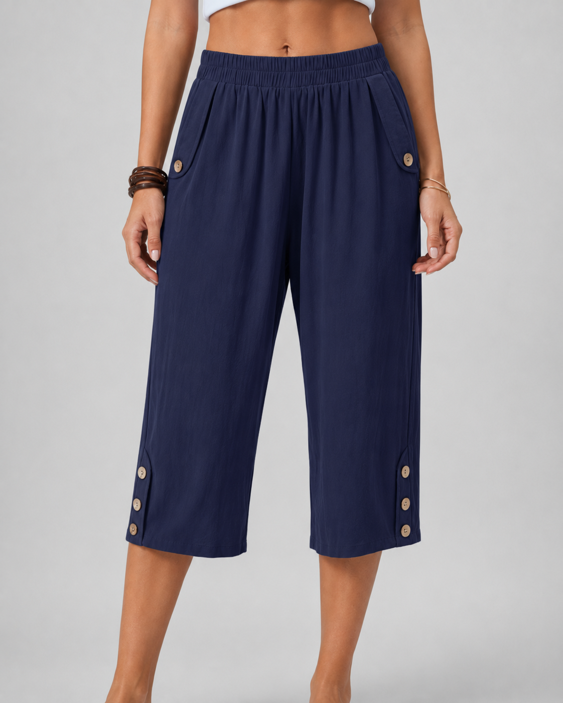 Elastic Waist Button Hem Wide Leg Cropped Pants