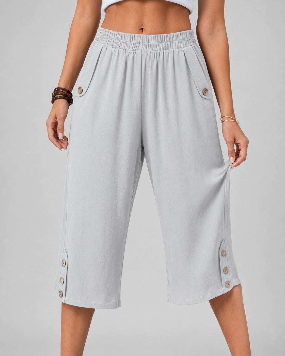 Elastic Waist Button Hem Wide Leg Cropped Pants