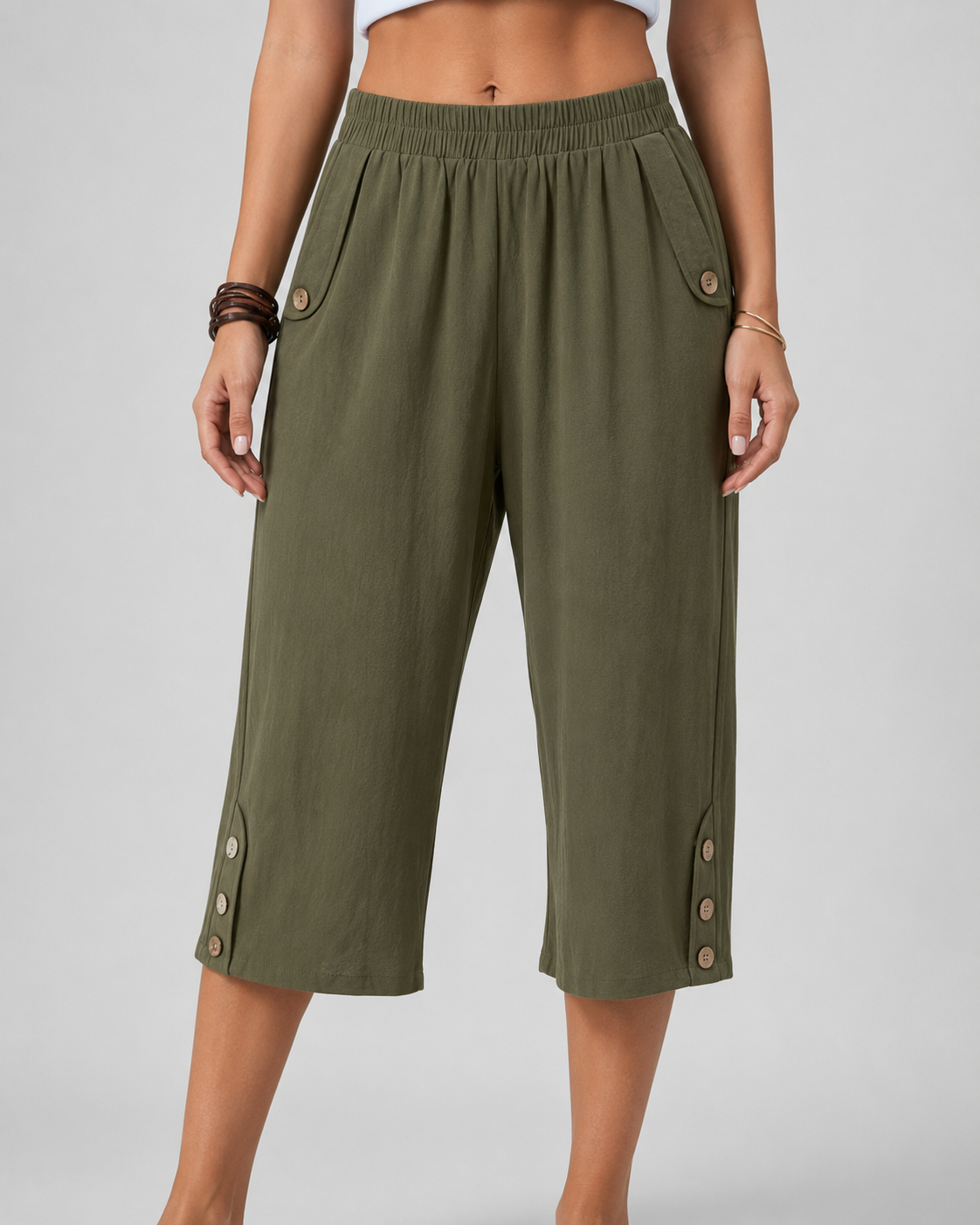 Elastic Waist Button Hem Wide Leg Cropped Pants