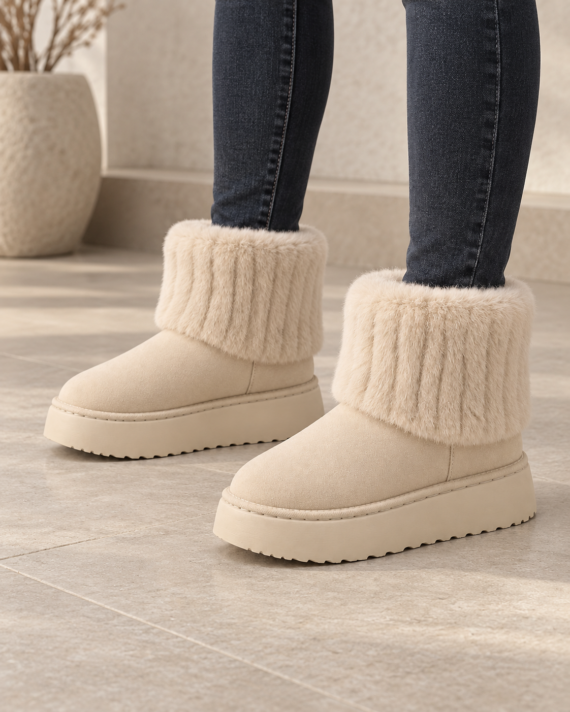 Women's Winter Ankle Boots - Plush-Trim Platform Sole