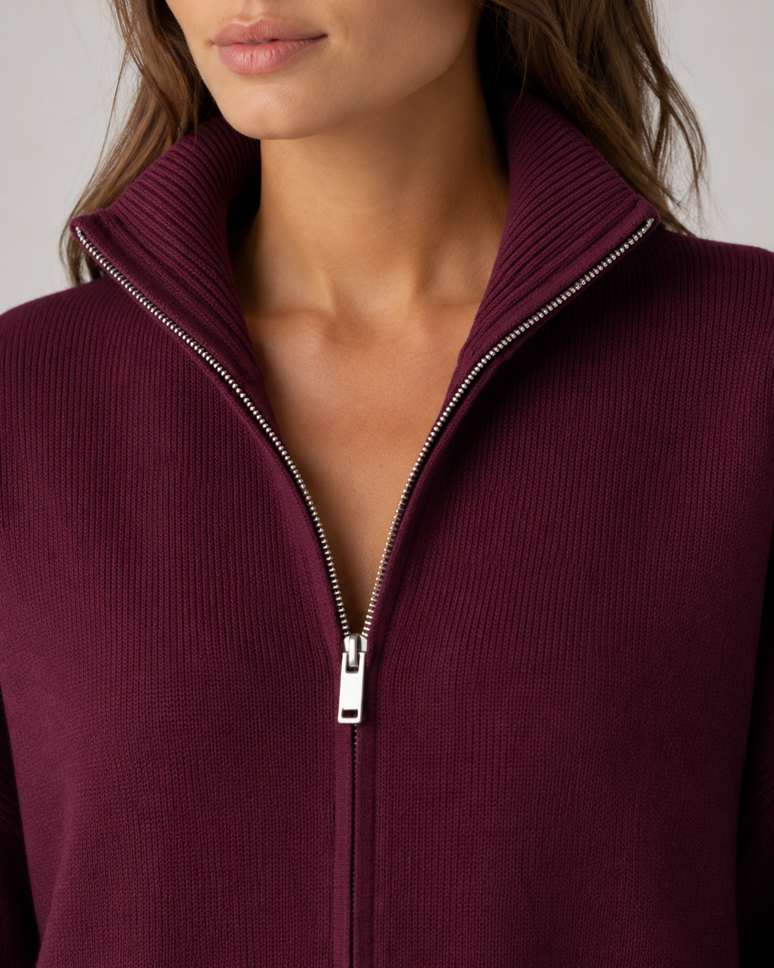 Funnel Neck Double Zip Oversized Knit Cardigan