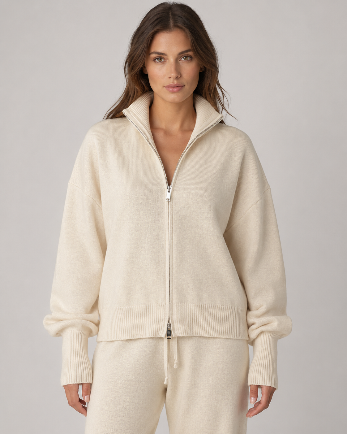 Funnel Neck Double Zip Oversized Knit Cardigan