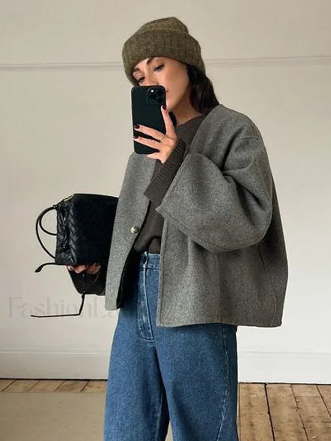 Woolen Coat Women Grey Autumn Winter Crop Overcoats