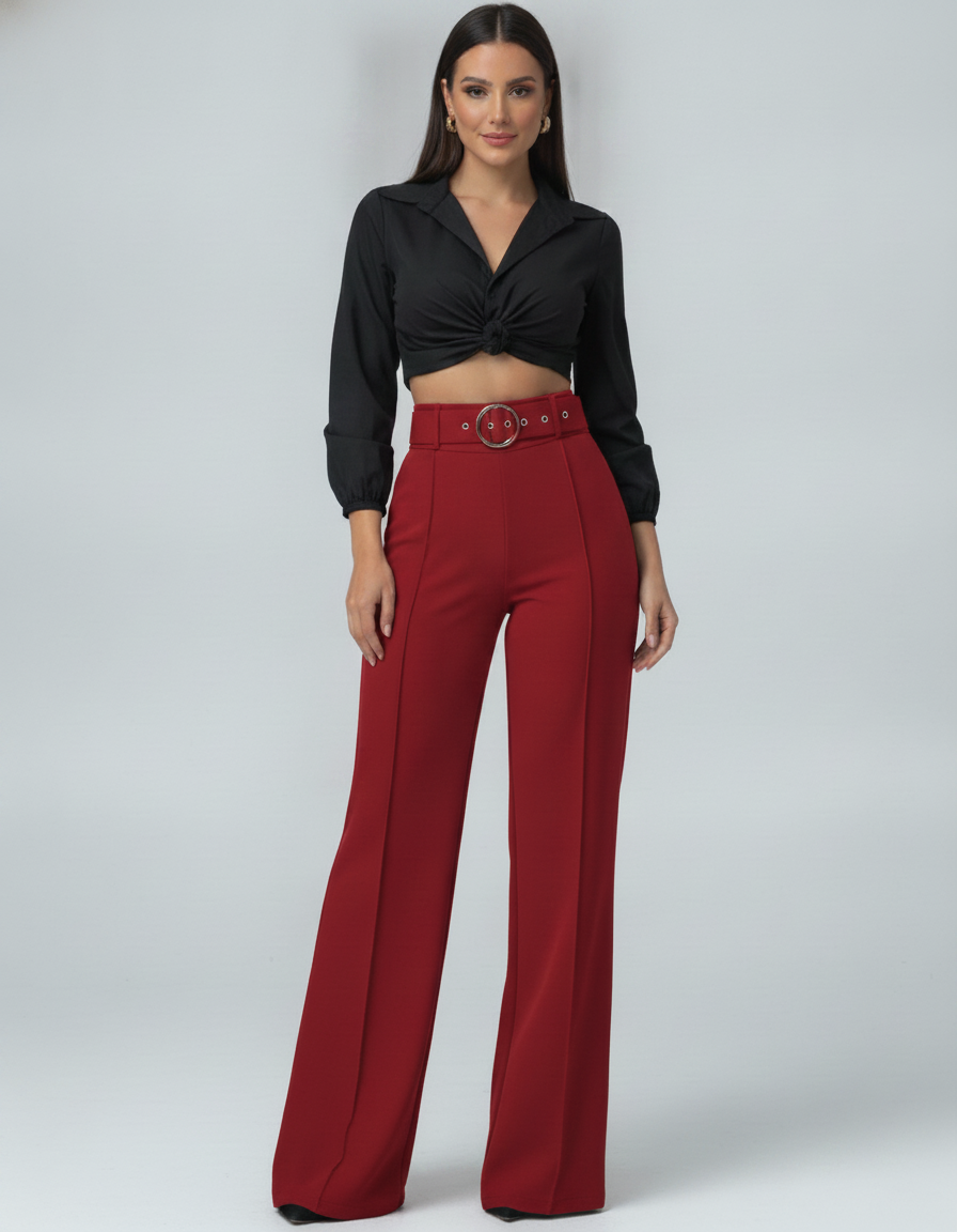 Work Pants High Waist Straight Leg With Metal Button Detail - Jamota