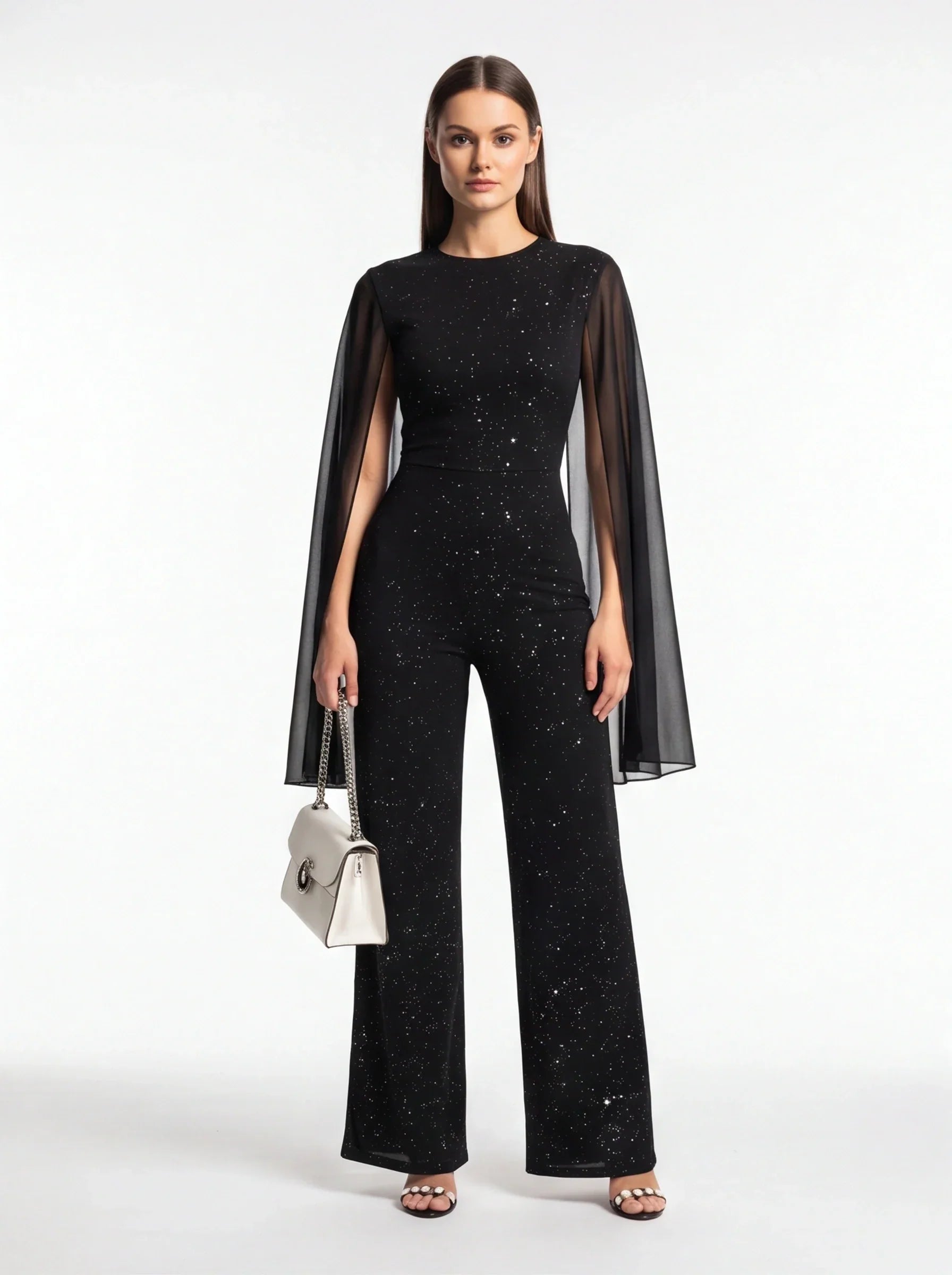 Glitter Chiffon Cape Sleeve Wide Leg Jumpsuit