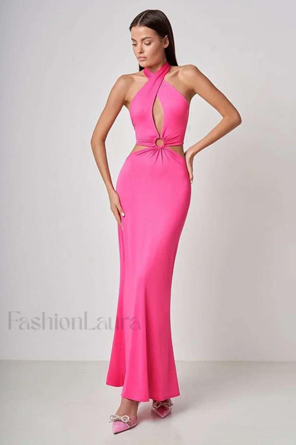 Wrap Front Cutout Charming Backless Maxi Dress S / Fuchsia