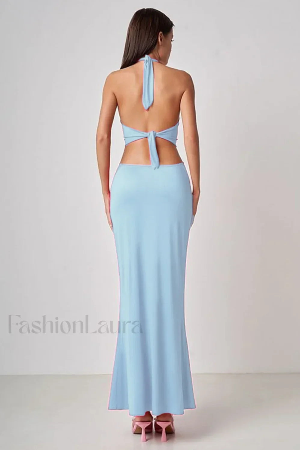 Wrap Front Cutout Charming Backless Maxi Dress S / Light Blue