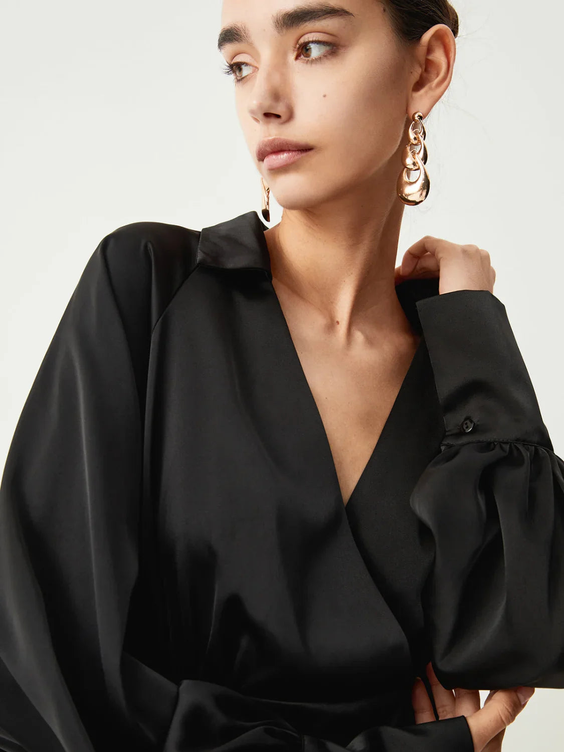 Wrap Open Collar Trendy Satin Long Sleeve Blouse