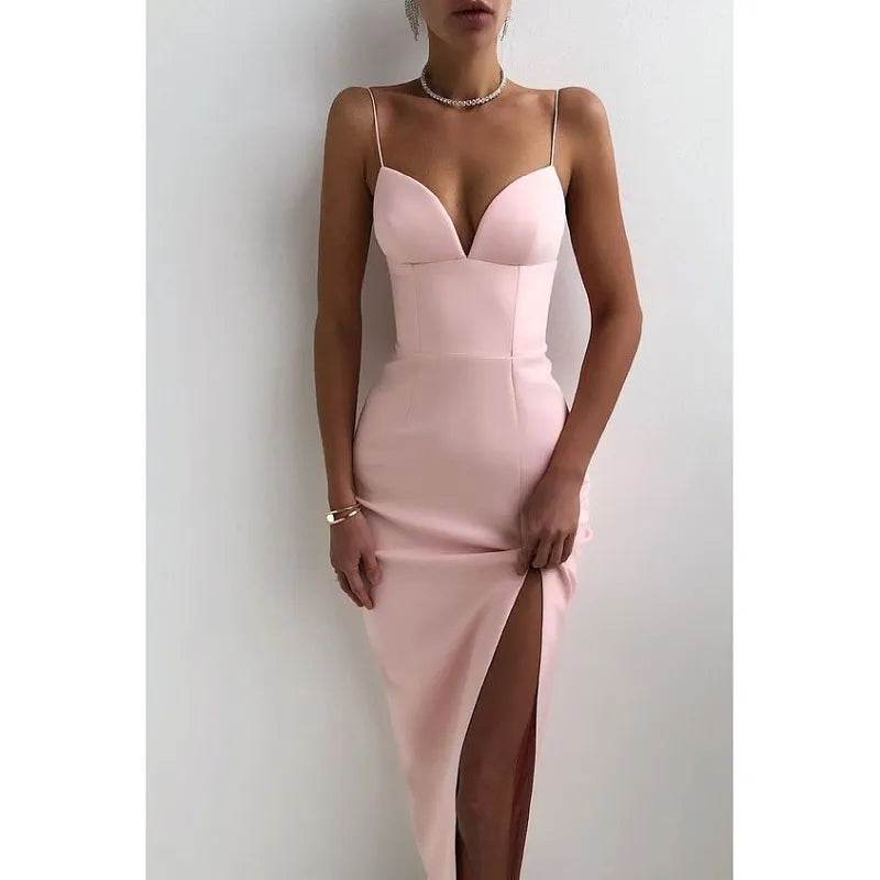 Spaghetti Strap Sweetheart Corset High Split Bodycon Midi Dress