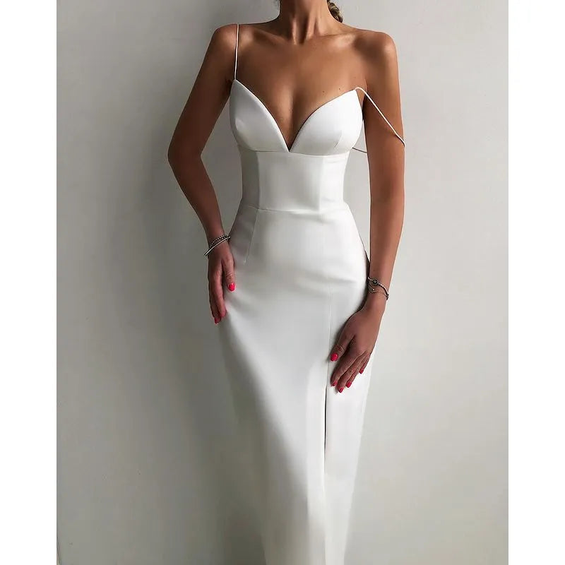 Spaghetti Strap Sweetheart Corset High Split Bodycon Midi Dress