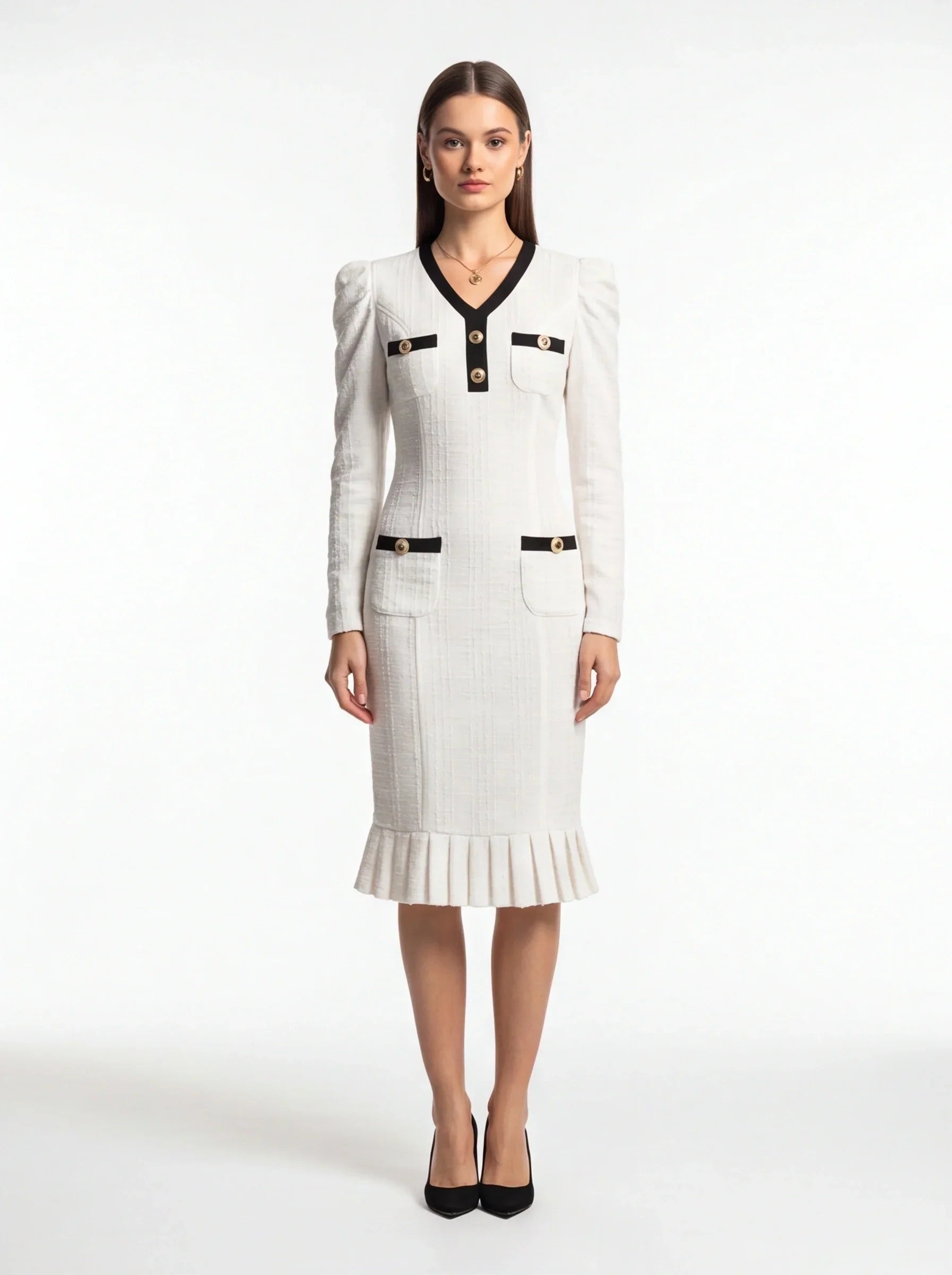 Tweed V-Neck Long Sleeve Button Front Ruffle Hem Midi Dress
