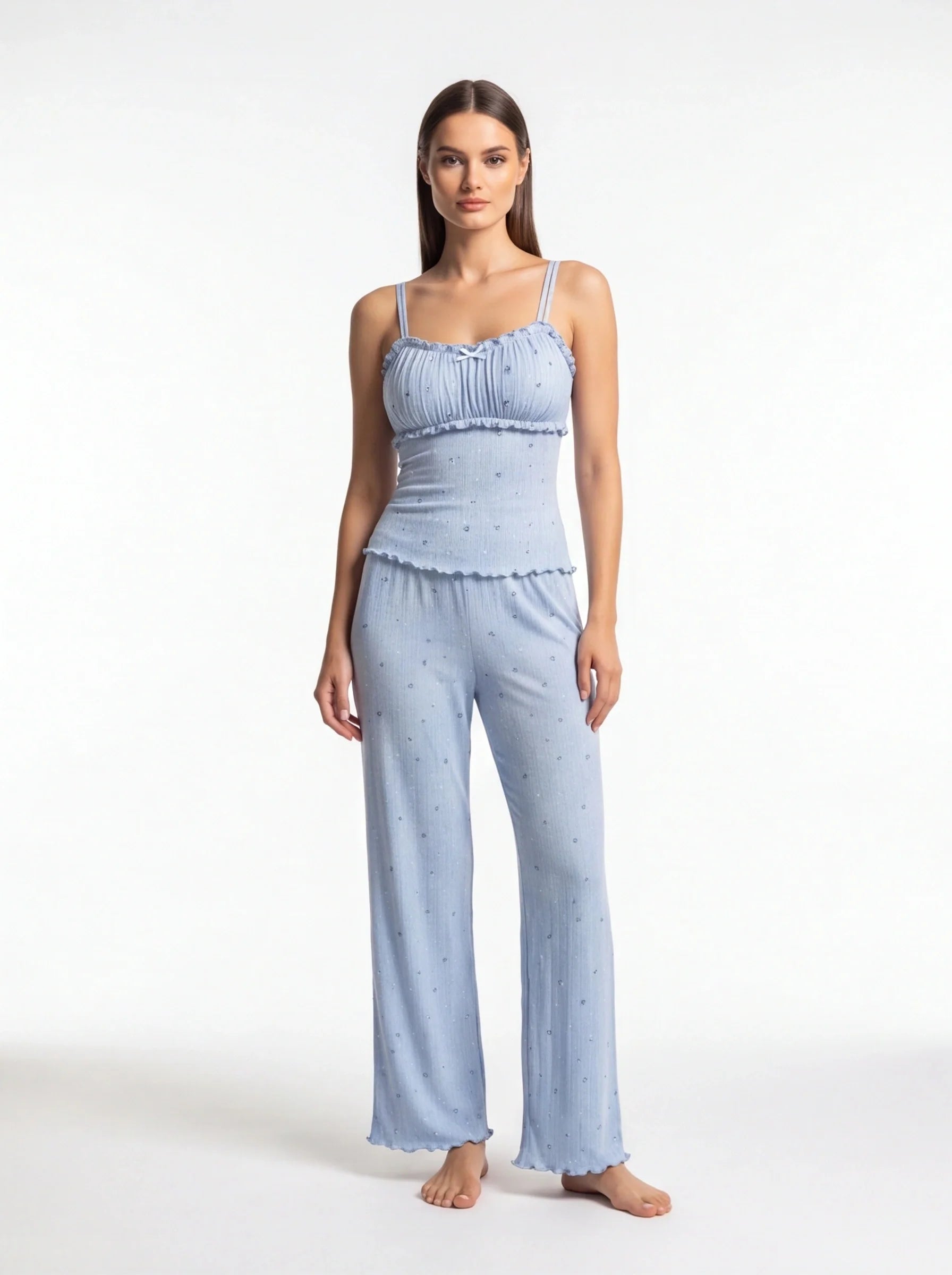 Multicolor Pajama Set Floral Print Slim Fit Cami And Straight Leg Pants Soft Knit