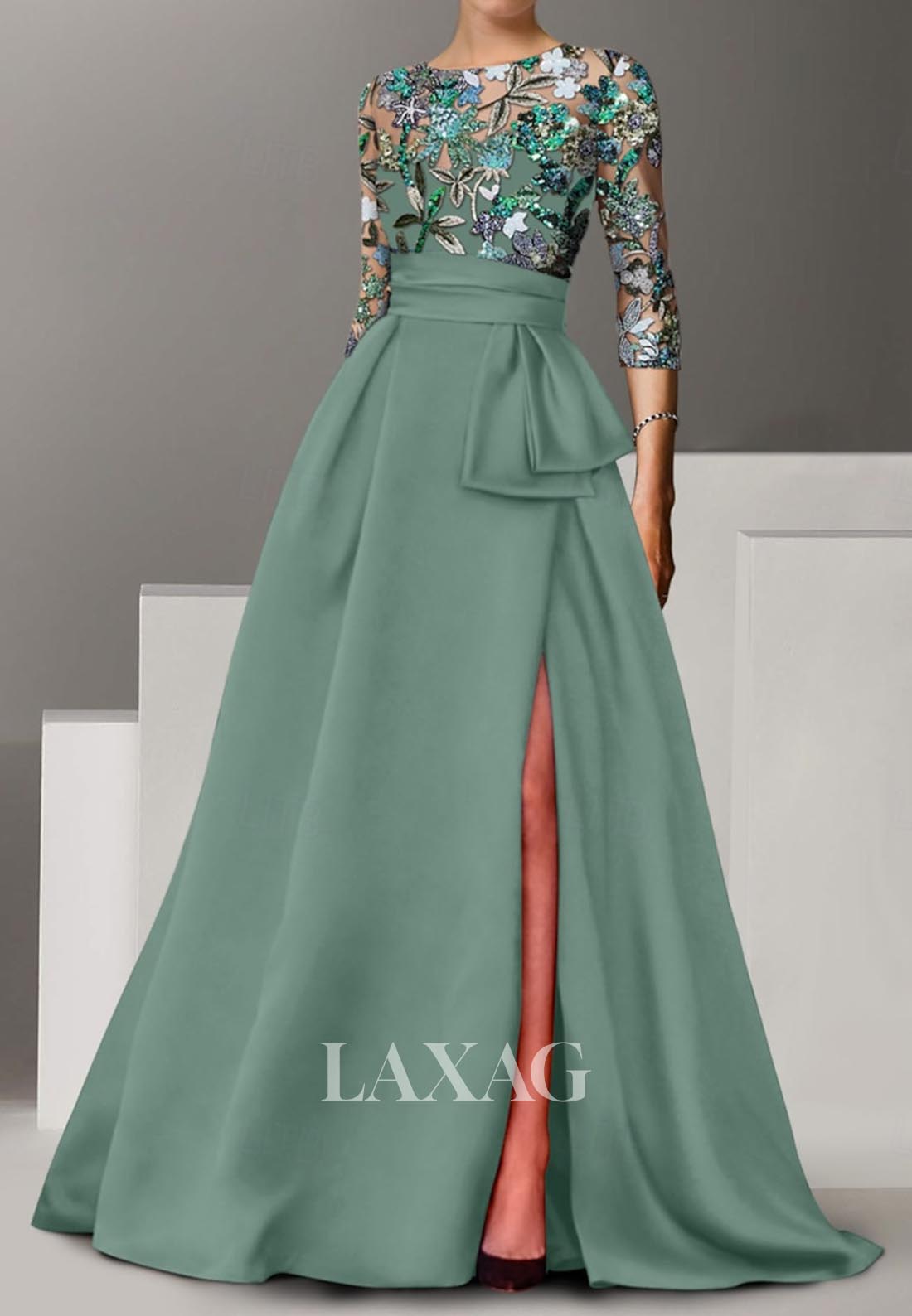 Scoop-Neck Floral Embroidered Sequined A-Line Evening Dress Half-Sleeves Floor-Length Formal Gowns