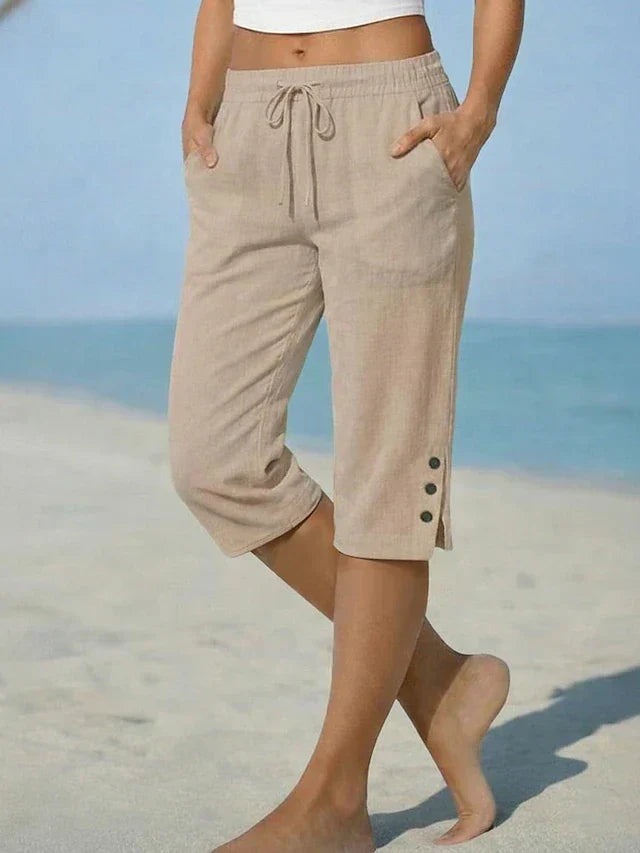 Drawstring Waist Button Hem Cropped Capri Pants