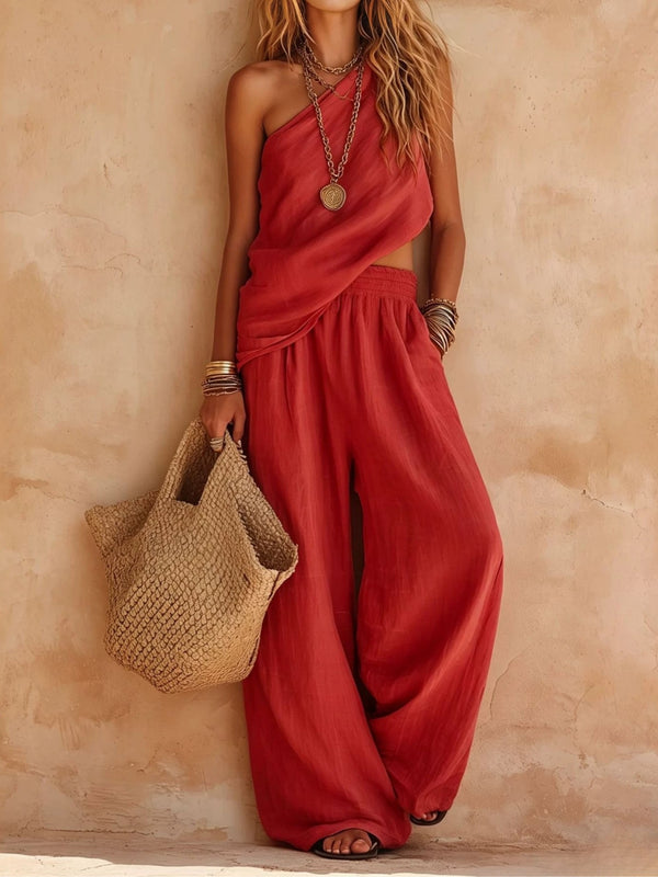 Pink Casual Set with One-Shoulder Sleeveless Top and Pants