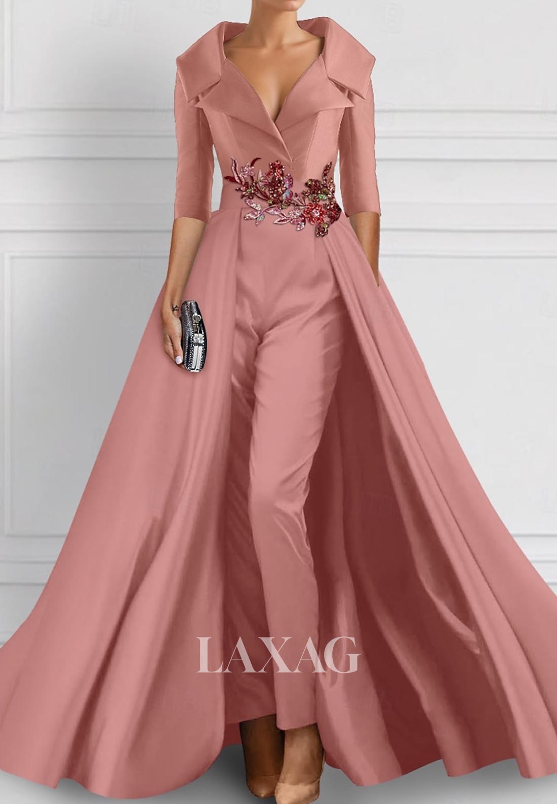 V-Neck Half-Sleeves Pleated Formal Gowns Sequined Embroidered Mermaid Wedding Guest Dress