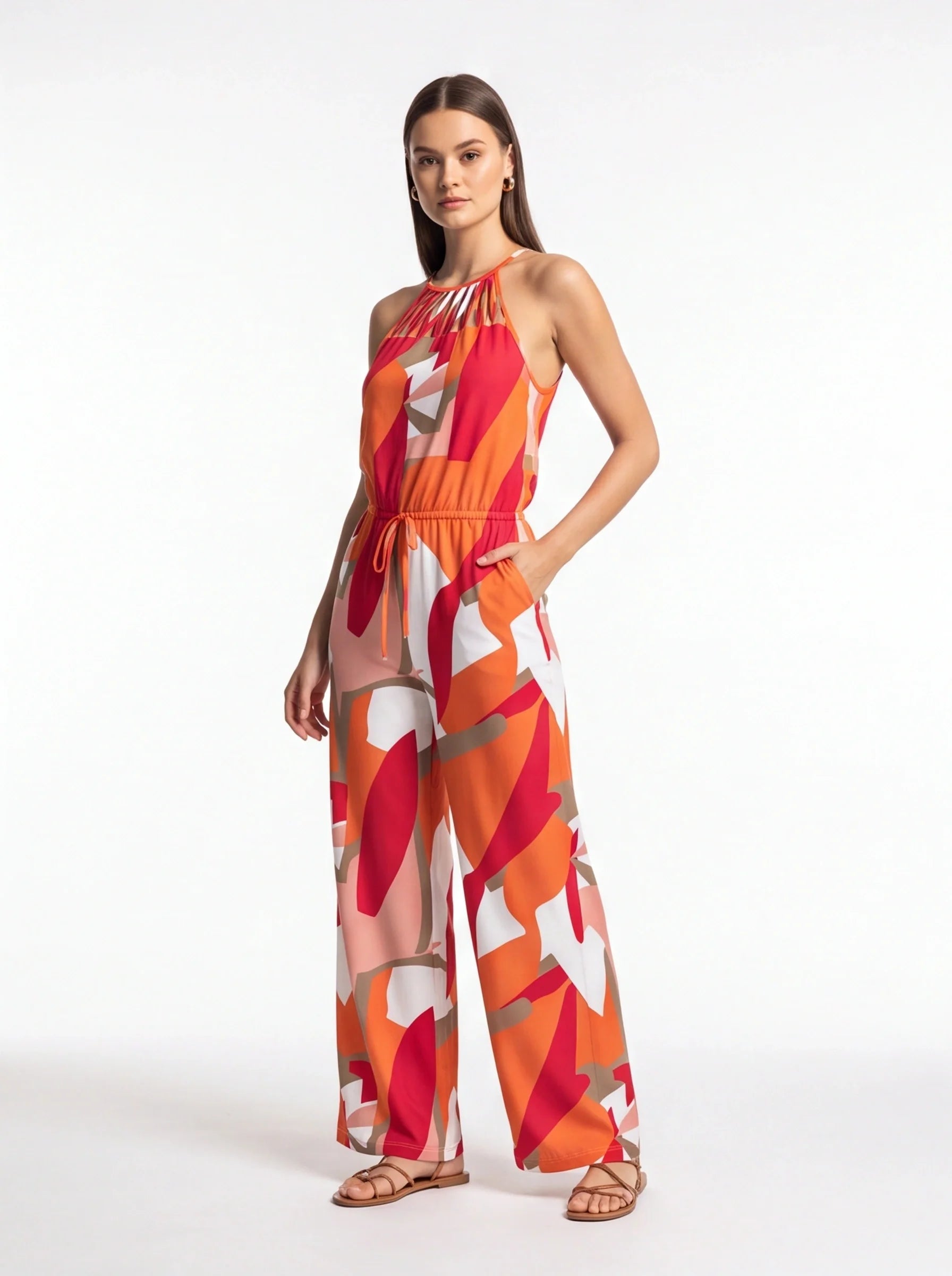 Stylish Geometric Print Halter Jumpsuit with Adjustable Straps & Pocket - Jamota