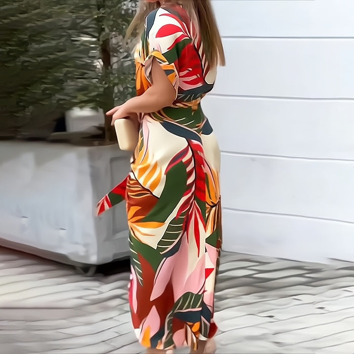 Tropical Print Button Down Collar Tie Front Maxi Dress
