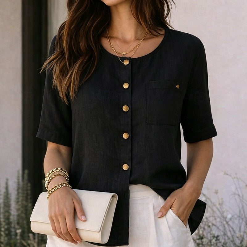 Round Neck Short Sleeve Button Front Blouse