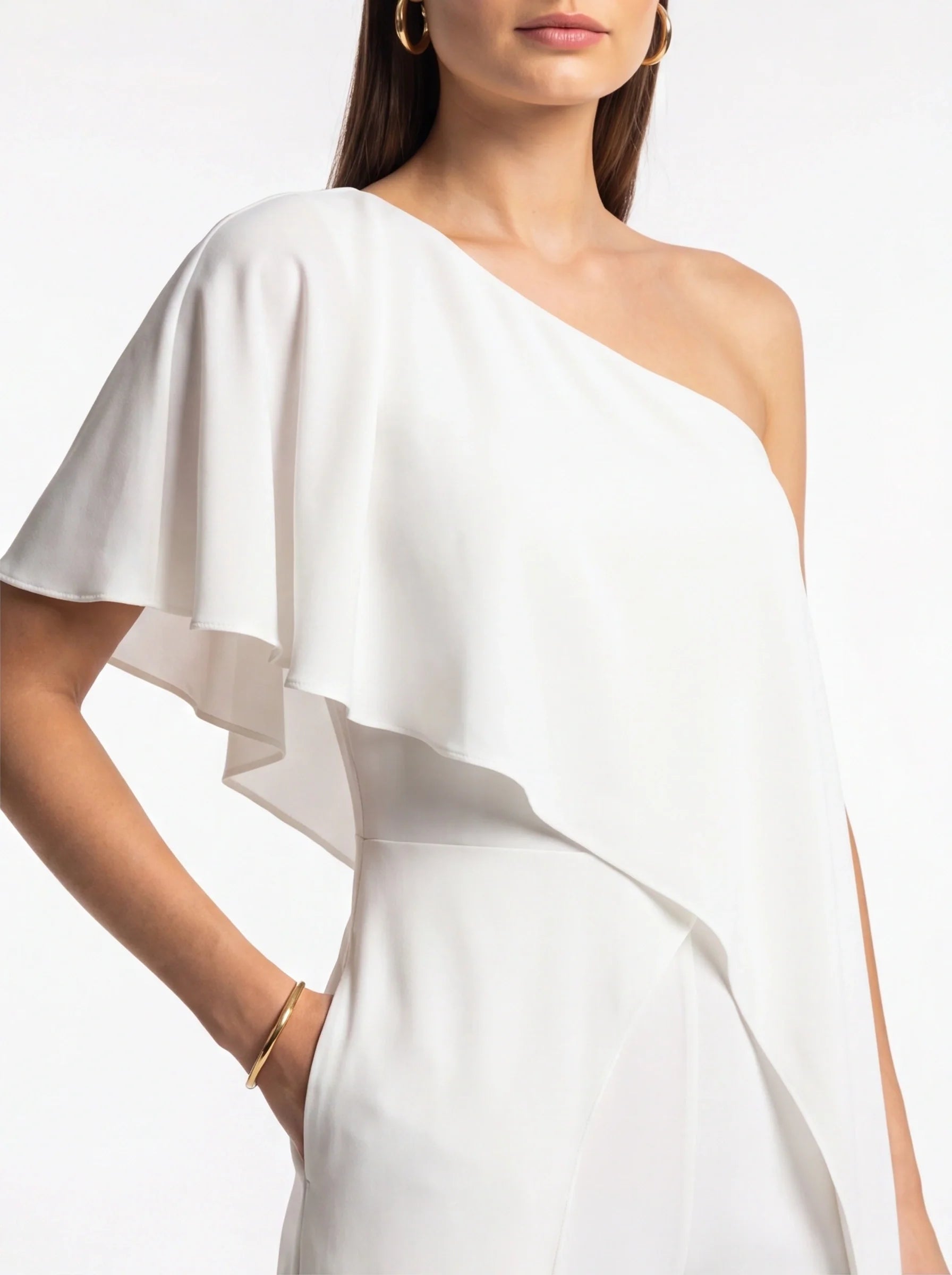 White One-Shoulder Wide-Leg Jumpsuit with Draped Overlay Elegant Evening Outfit with Pockets and Adjustable Straps