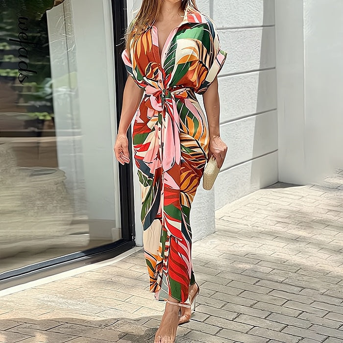 Tropical Leaf Print Collar Button Front Tie Waist Maxi Shirt Dress