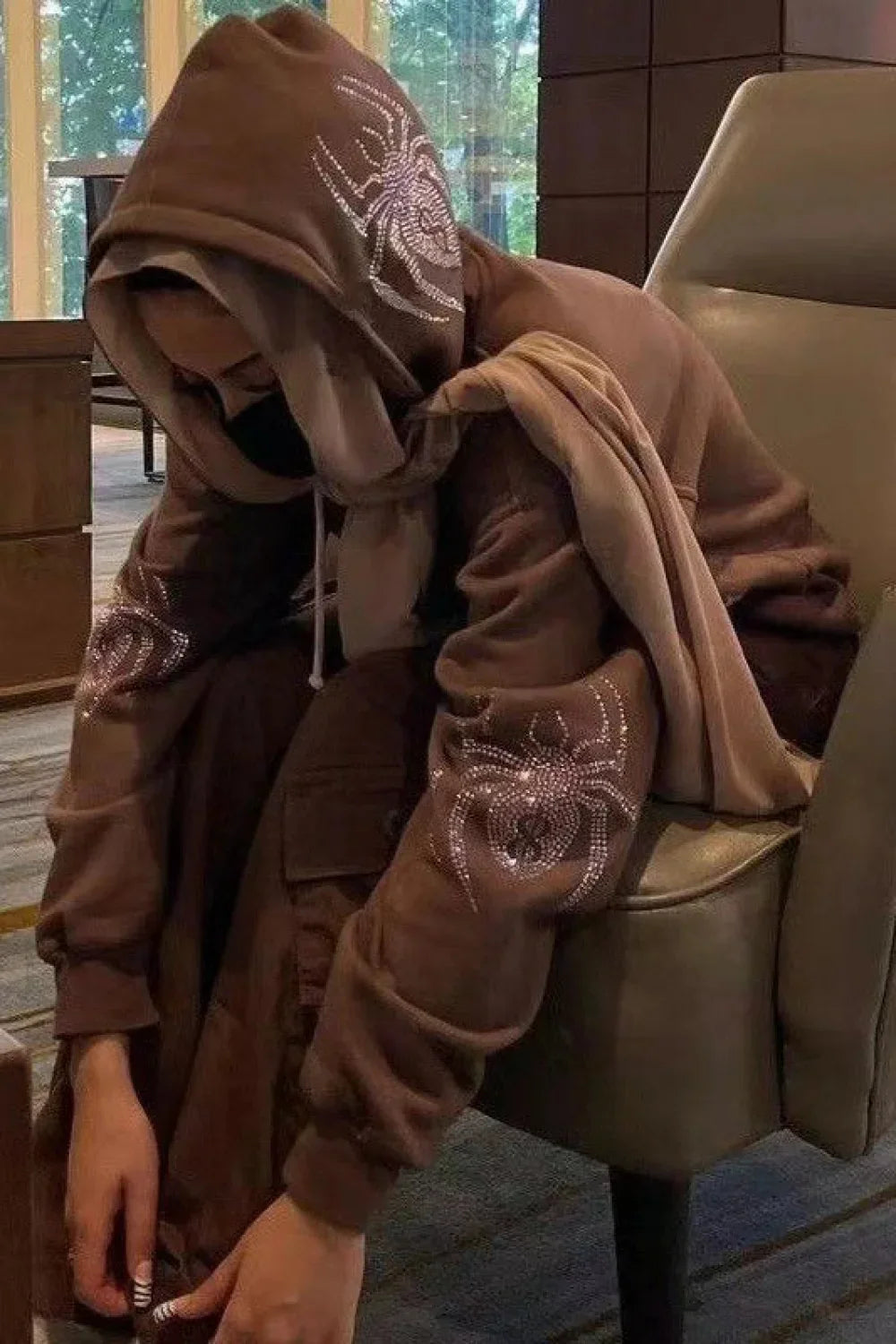 Y2K Graphic Zip Up Hoodie Dark Brown / S