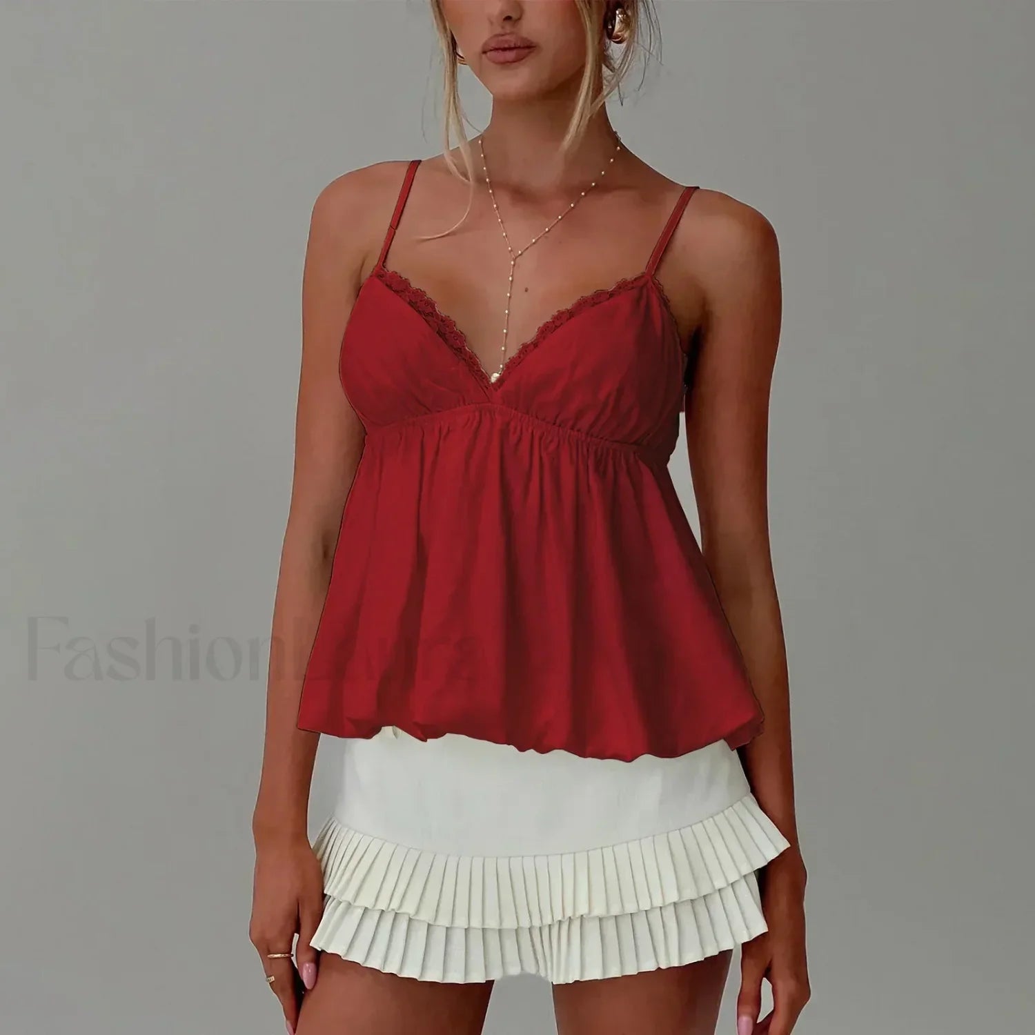 Y2K Lace Trim Flare Crop Top Two Piece Set Red / S