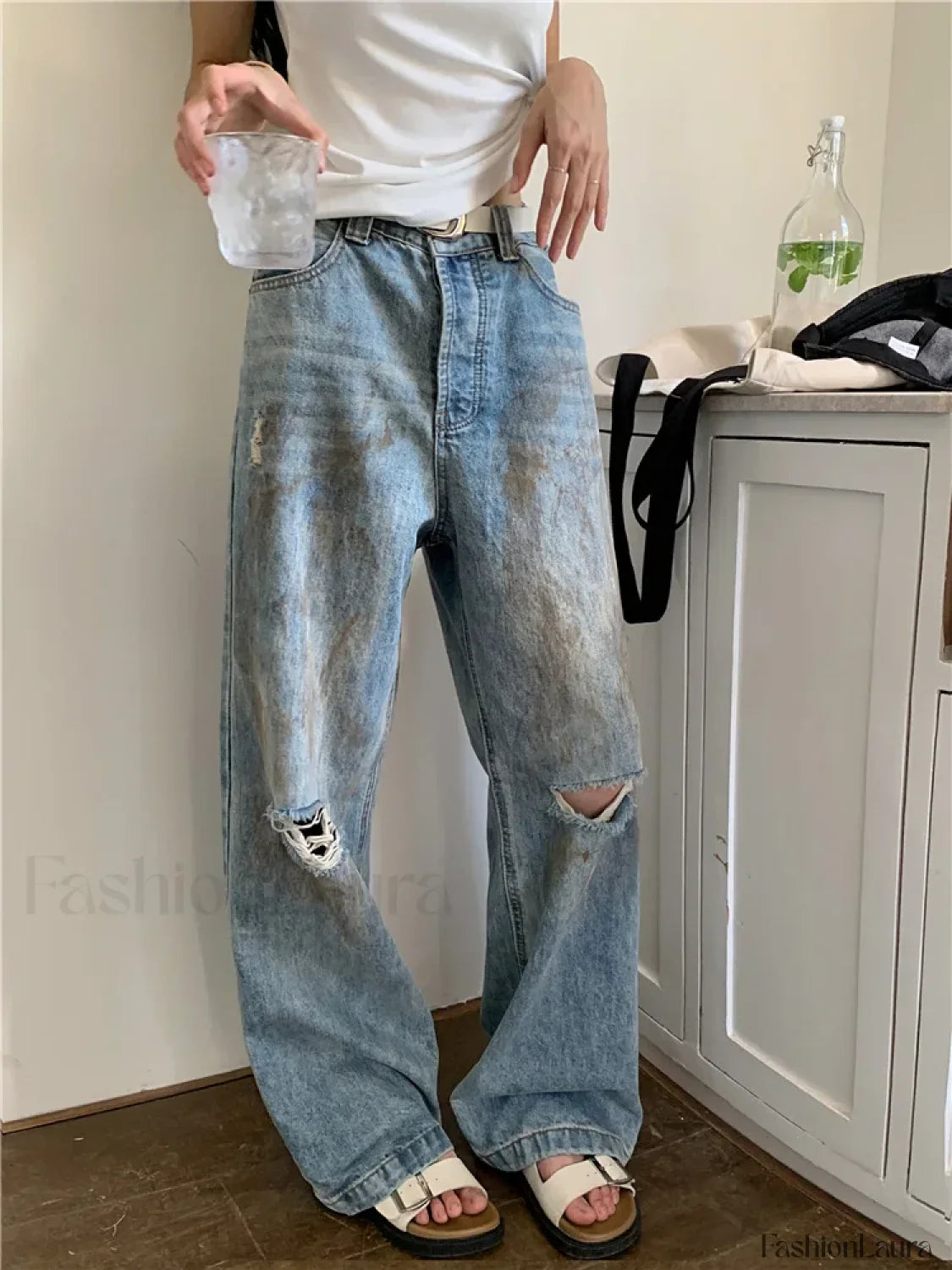 Y2K Retro Ripped Straight Leg High Waist Jeans