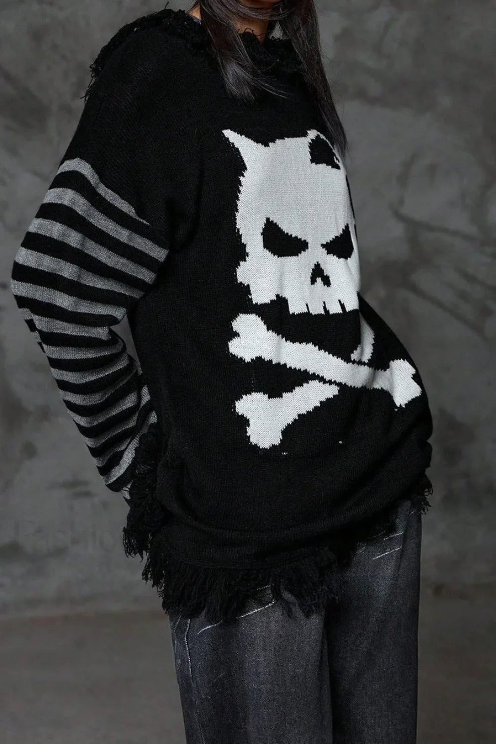 Y2K Skull Striped Knit Hoodie