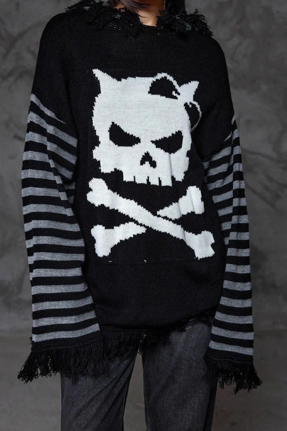Y2K Skull Striped Knit Hoodie