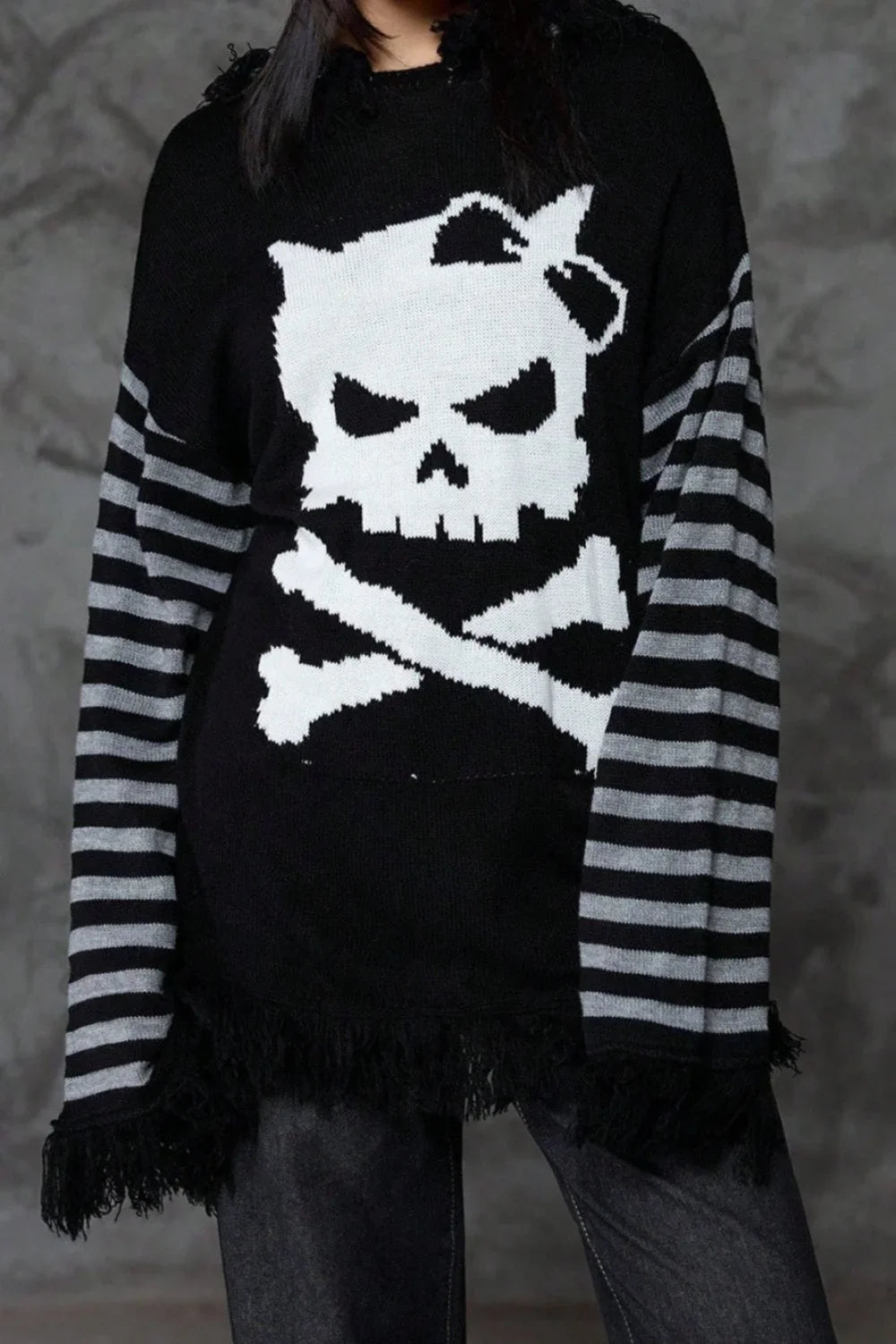 Y2K Skull Striped Knit Hoodie Black / S