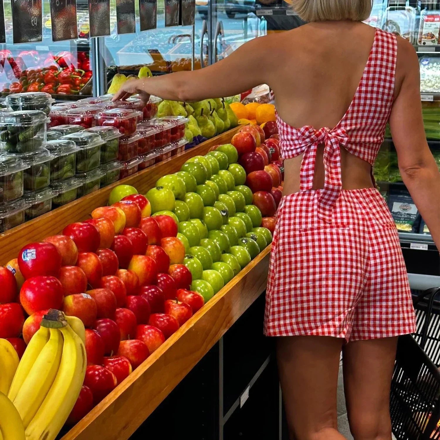 Y2K Vintage Plaid One Shoulder Tank Tops High Waist Shorts Two Piece Set