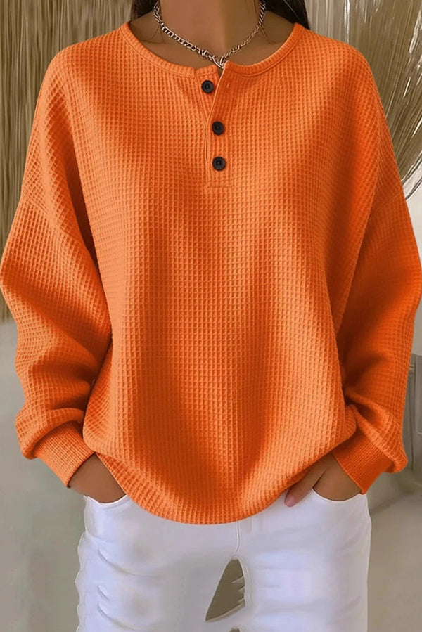 Round Neck Long Sleeve Waffle Knit Henley Sweater