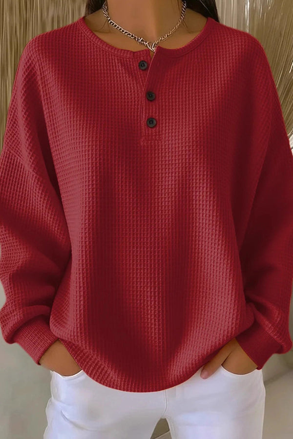 Round Neck Long Sleeve Waffle Knit Henley Sweater