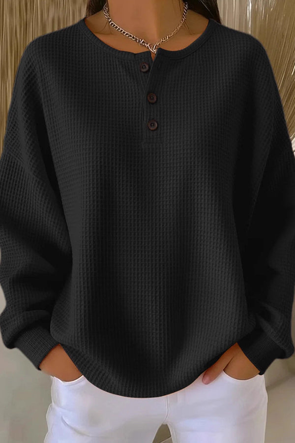 Round Neck Long Sleeve Waffle Knit Henley Sweater