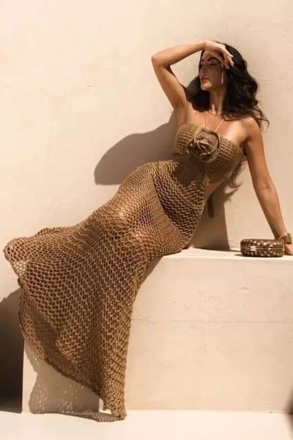 Crochet Floral Applique One Shoulder Cut Out Maxi Dress