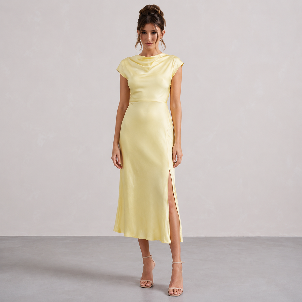 Satin Cowl Neck Cap Sleeve High Split Midi Dress 13