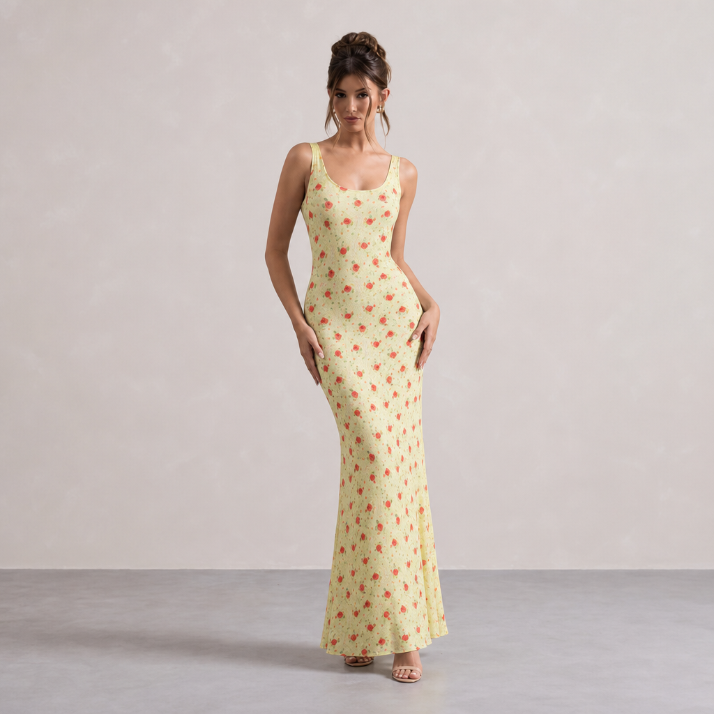 Scoop Neck Floral Print Bodycon Maxi Dress