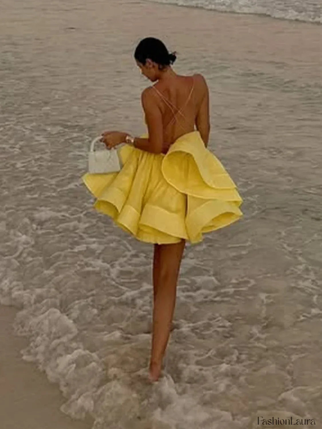 Yellow Pleated Lace-Up Mini Dress