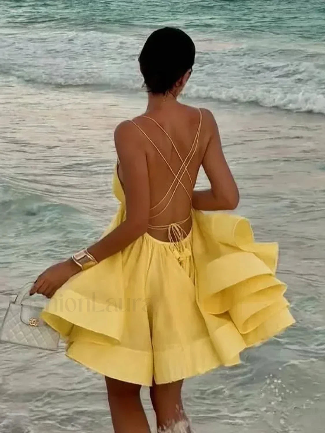 Yellow Pleated Lace-Up Mini Dress