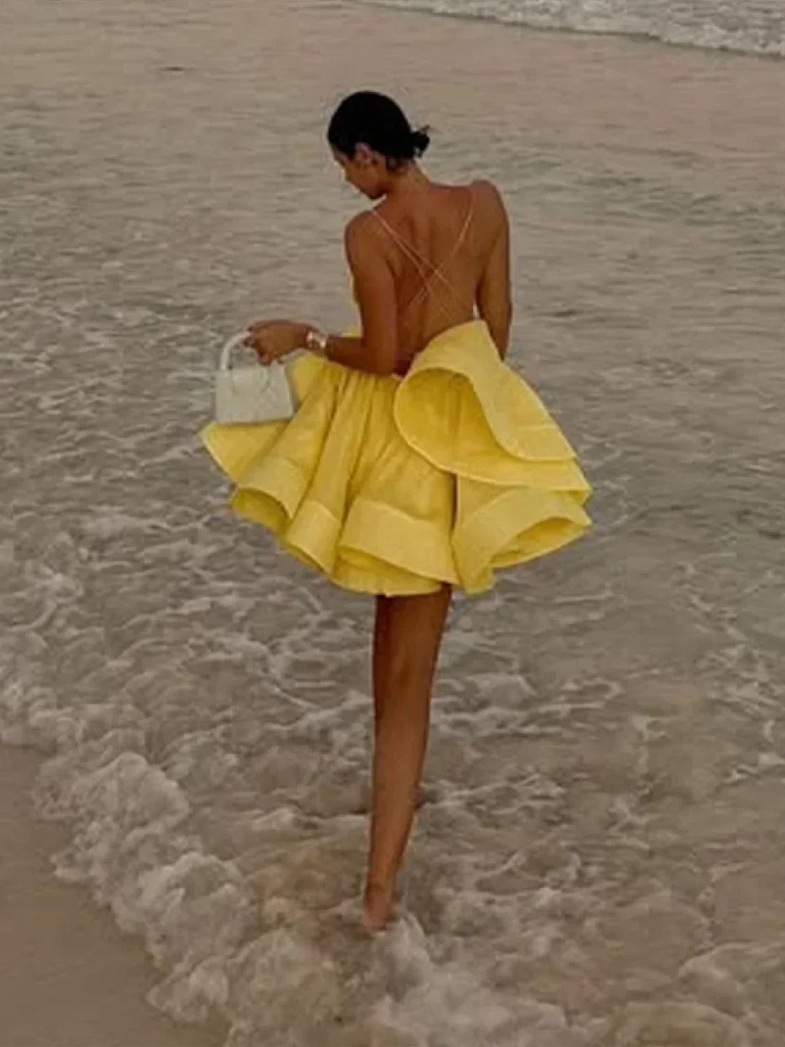 Yellow Pleated Lace-Up Mini Dress