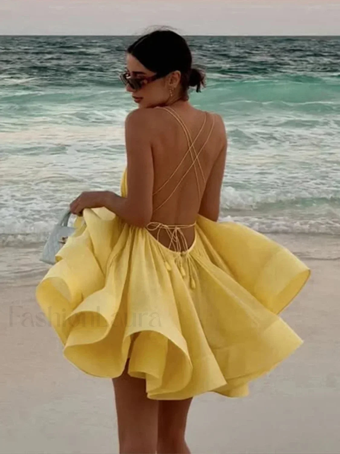 Yellow Pleated Lace-Up Mini Dress